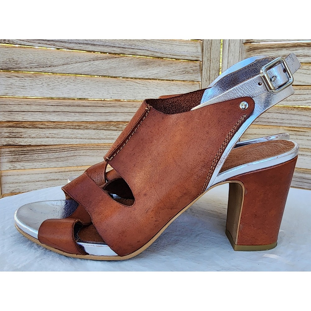 Sixtyseven EU 39 US 8.5 Brown Silver Leather Heel Sandal Booties Peep Toe Boho